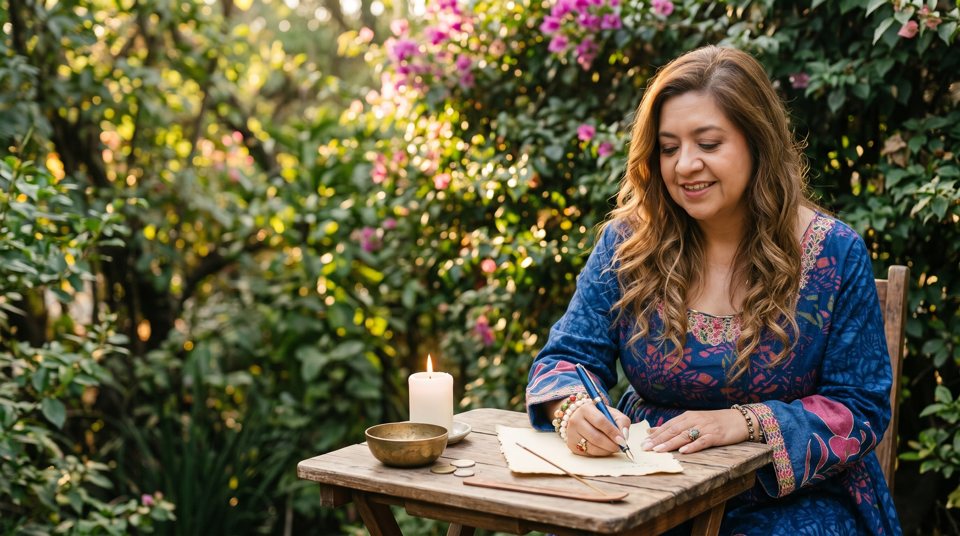 Video preview: Cris writing a letter with a blue pen in a garden