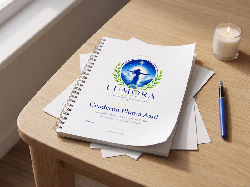 Cuaderno Pluma Azul de Lumora Life: libreta de espiral sobre una mesa de madera, junto a una vela blanca y una pluma azul
