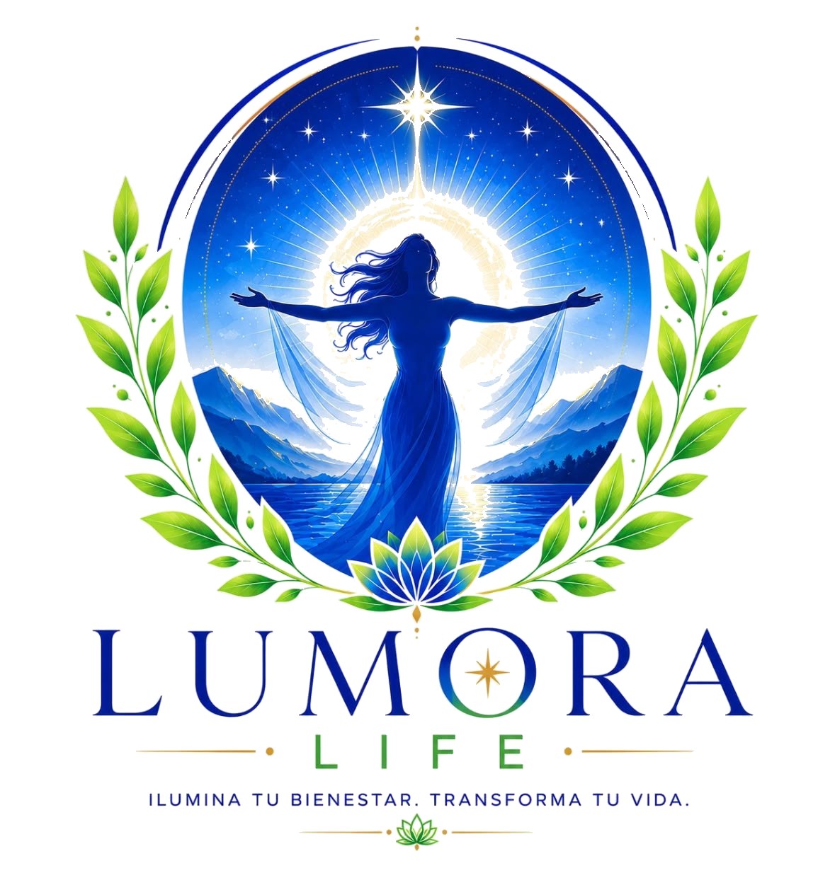Logotipo de Lumora Life: mujer de brazos abiertos frente a un amanecer, laurel y loto